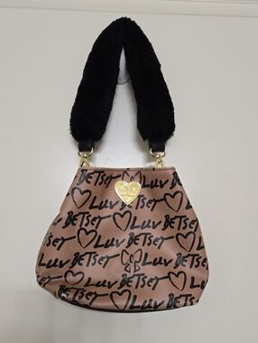 Betsey Johnson Pink Script Heart Logo Shoulder Bag with Black Plush Strap